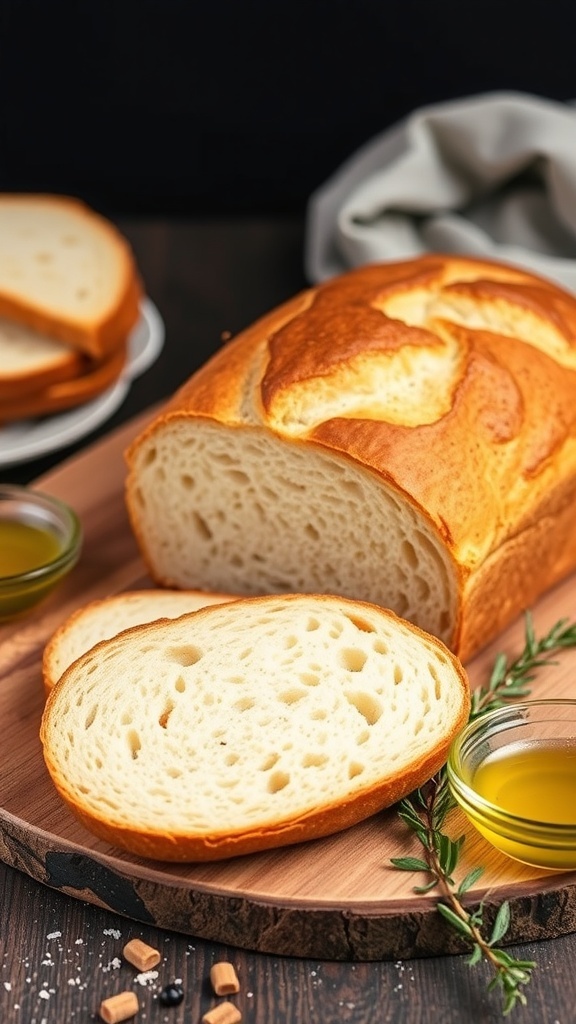 Organic Gluten-Free Bread Recipe A loaf of organic gluten-free bread sliced on a wooden board, with olive oil and herbs.